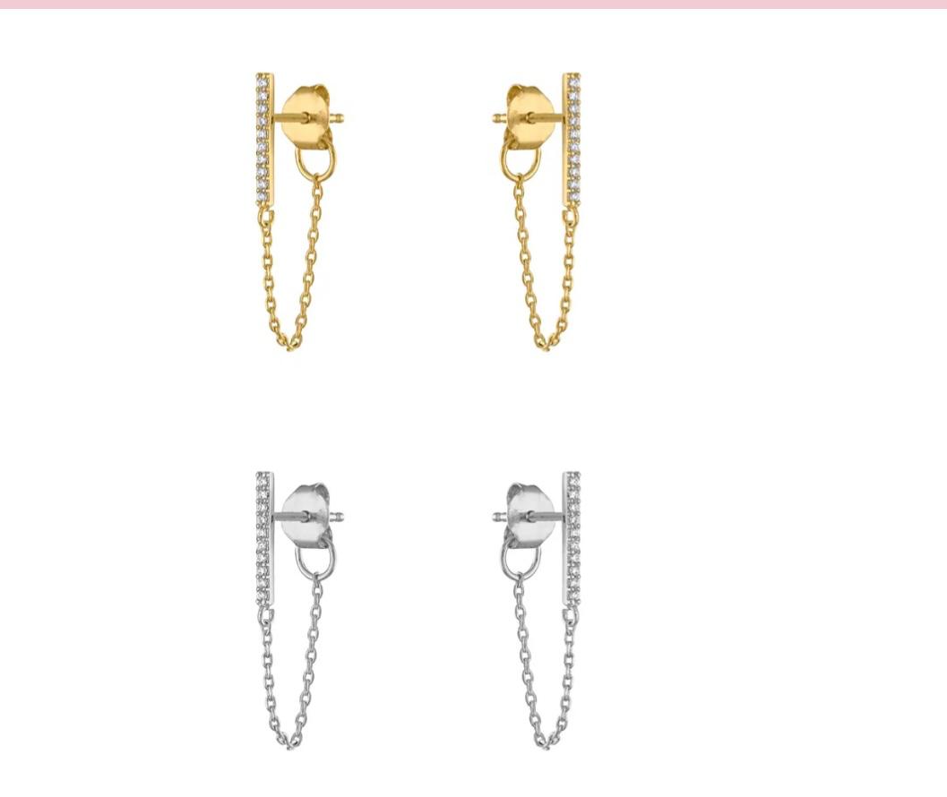 Zirconia Pavé Bar Front-Back Chain Stud Earrings