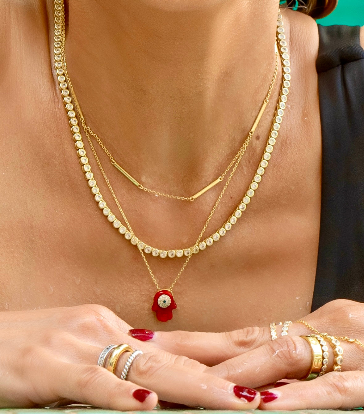 Red Hamsa Hand Charm Pendant Necklace