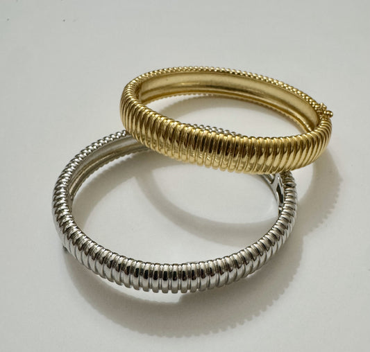 Wide Chunky Fluted Dousset Bangle Bracelet Stainless Steel