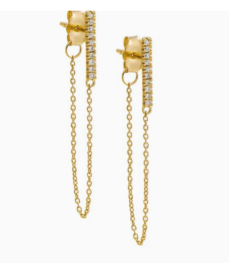 Zirconia Pavé Bar Front-Back Chain Stud Earrings