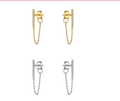 Zirconia Pavé Bar Front-Back Chain Stud Earrings